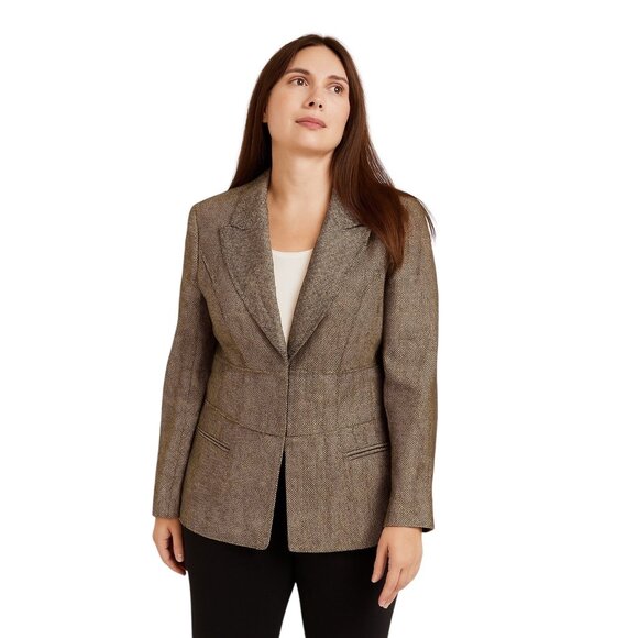 Lafayette 148 NewYork Linen Plaid Blazer Beige Size 14 Neutral Quiet Luxury Cute - Picture 1 of 15